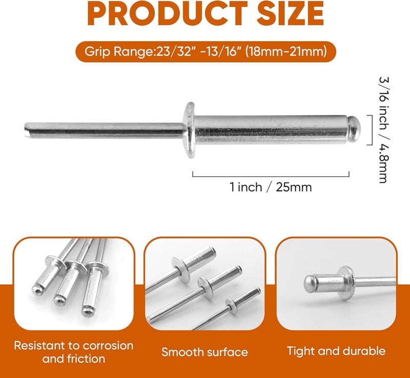 ALLCLEAN 110 Pcs 3/16" x 1" Aluminum Blind Rivets,4.8 x 25mm Pop Rivets,Aluminum Grip and Steel Mandrel - Image 2